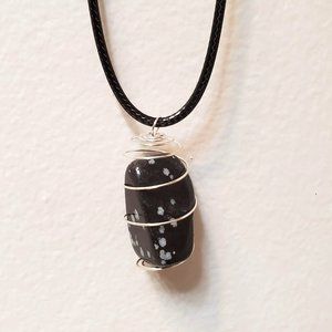 Snowflake Obsidian Necklace, Black Polished Stone Pendant, Wire Wrapped Jewelry